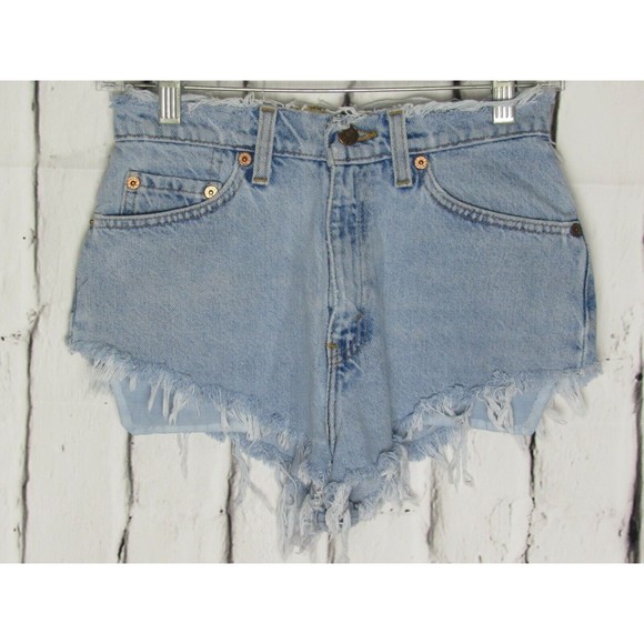 Pants - Levi's 512 Women Jean Shorts Size 5 Slim Fit Blue Cut Off Frayed 11" Rise Denim